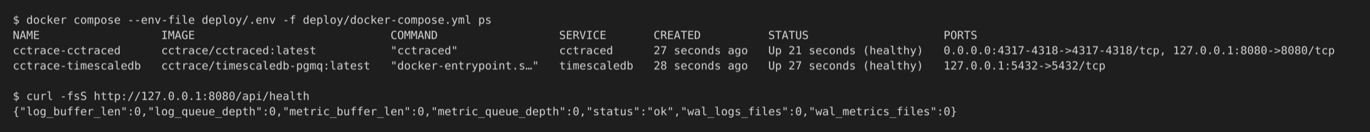 Terminal showing docker compose ps with both containers healthy and a successful curl to /api/health
