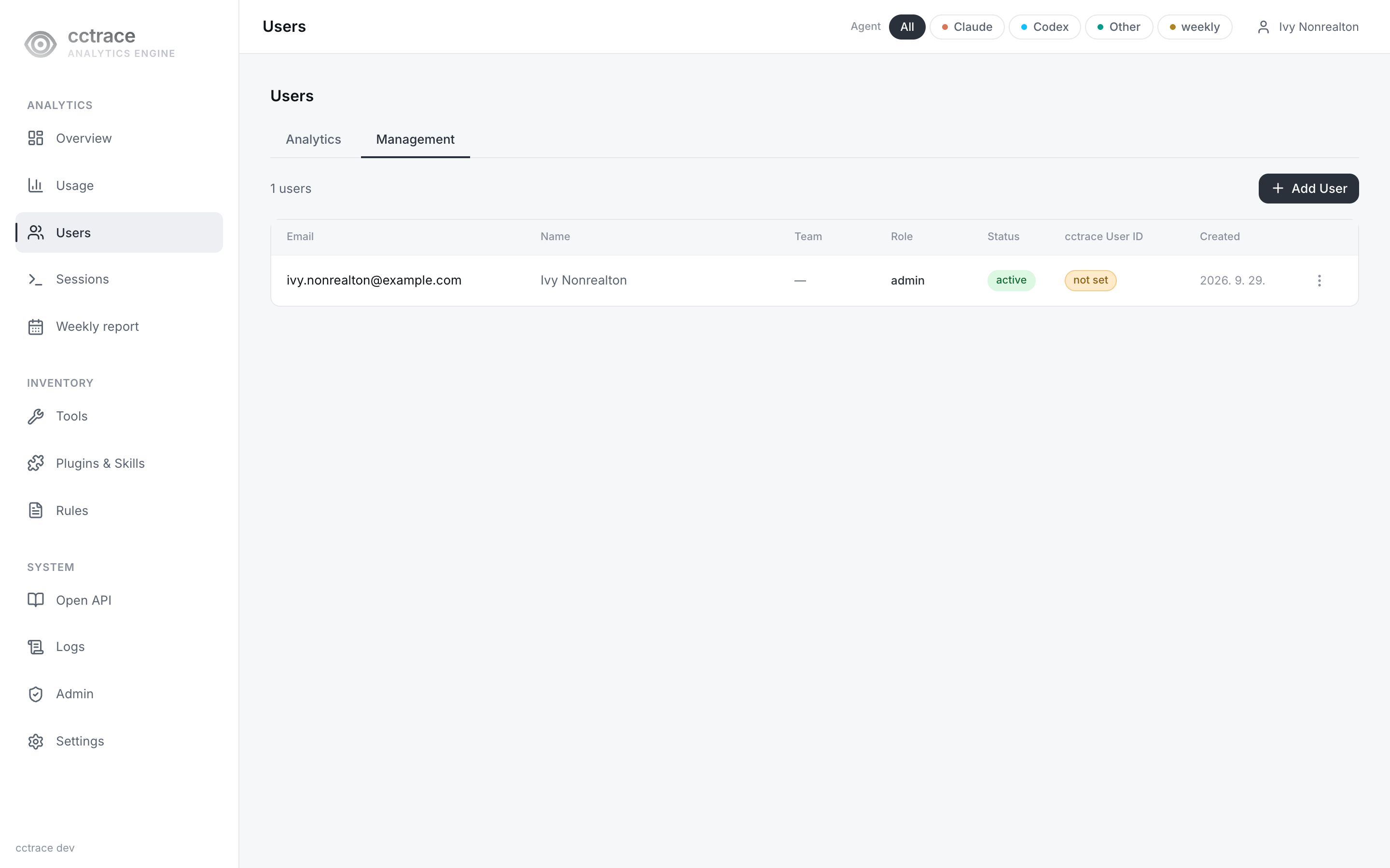 Users Management tab showing the first admin as the only user