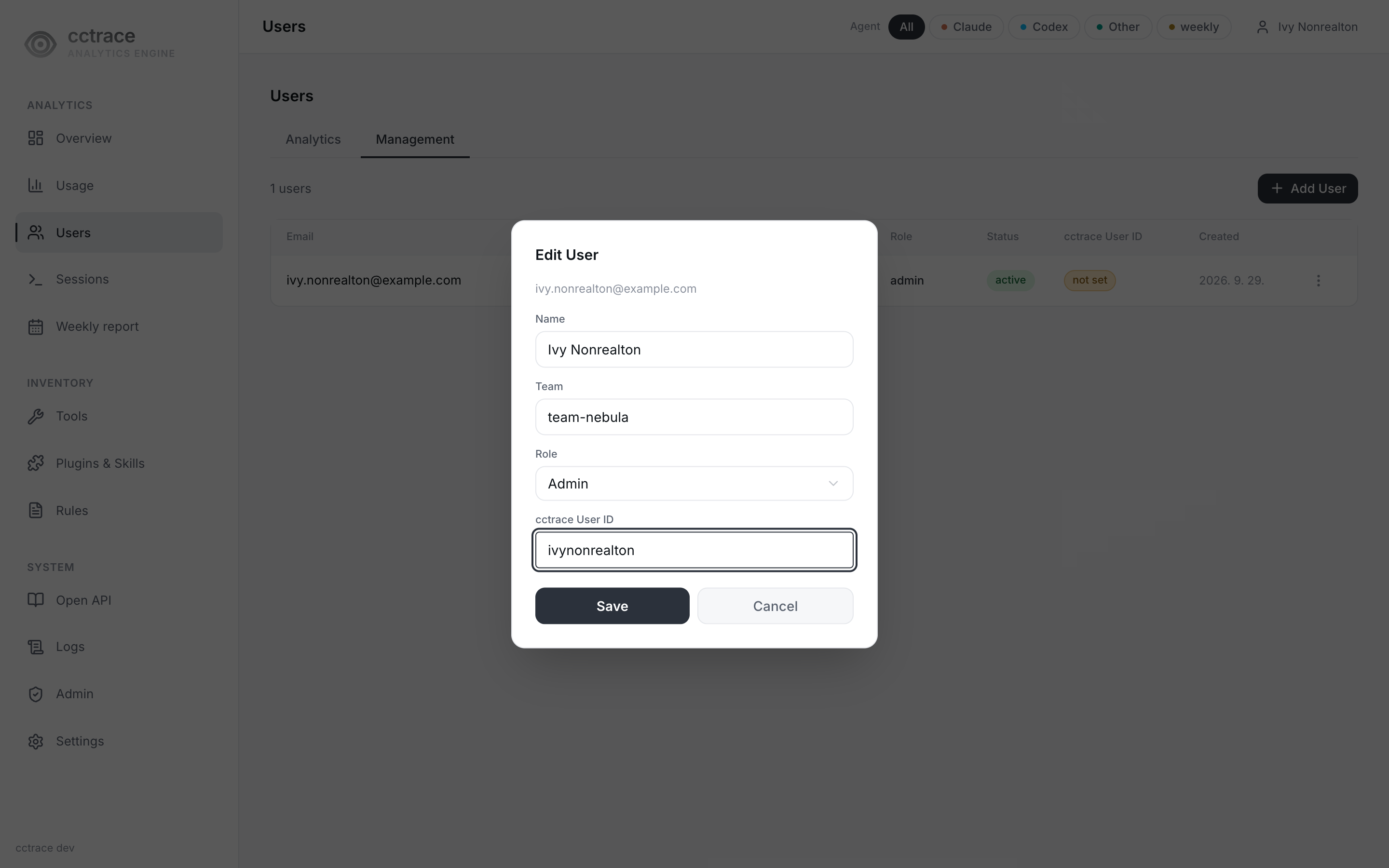 Edit User dialog for the admin account with Team and cctrace User ID filled in