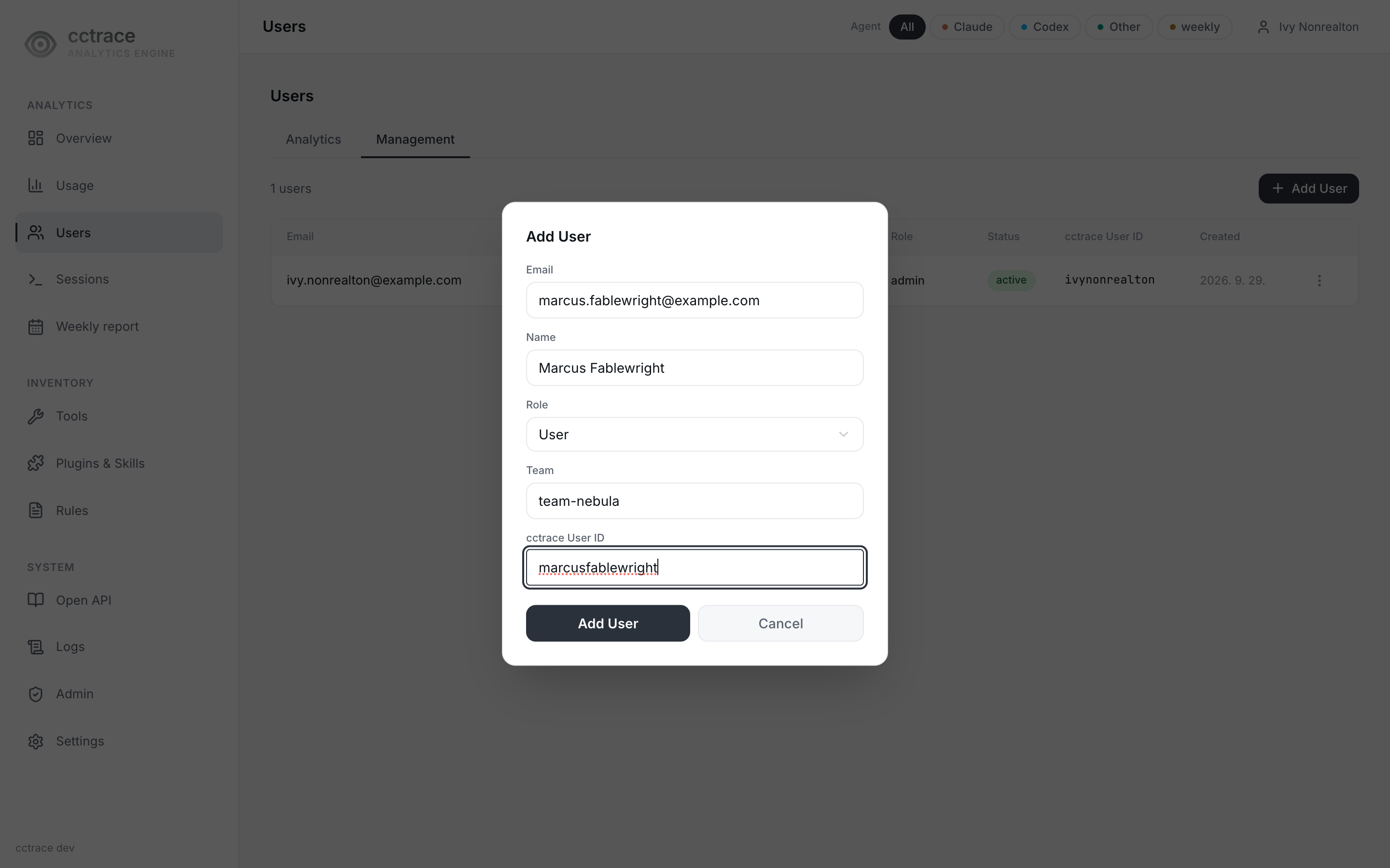 Add User dialog filled in for a new user
