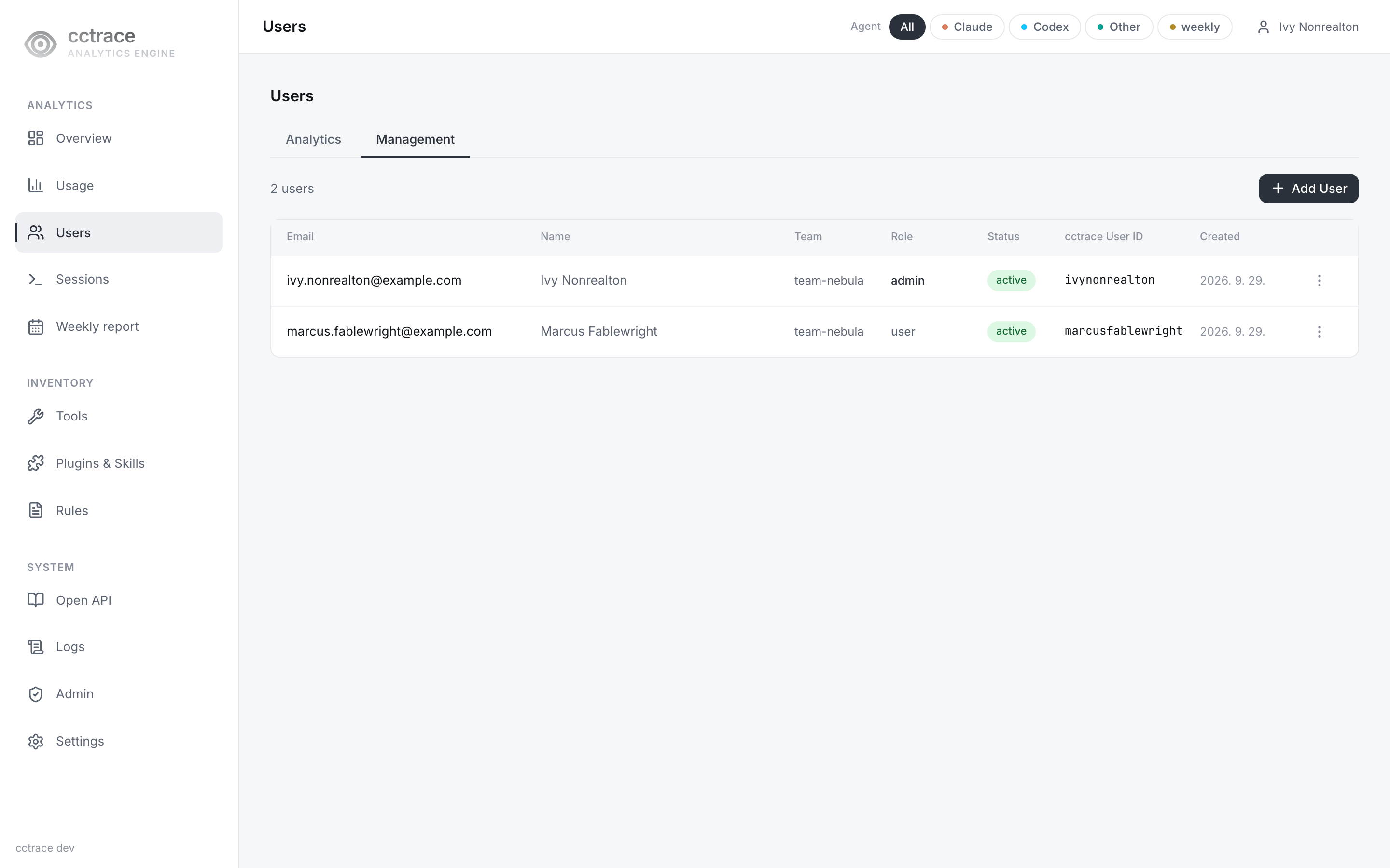 Users Management tab showing both the admin and the newly added user