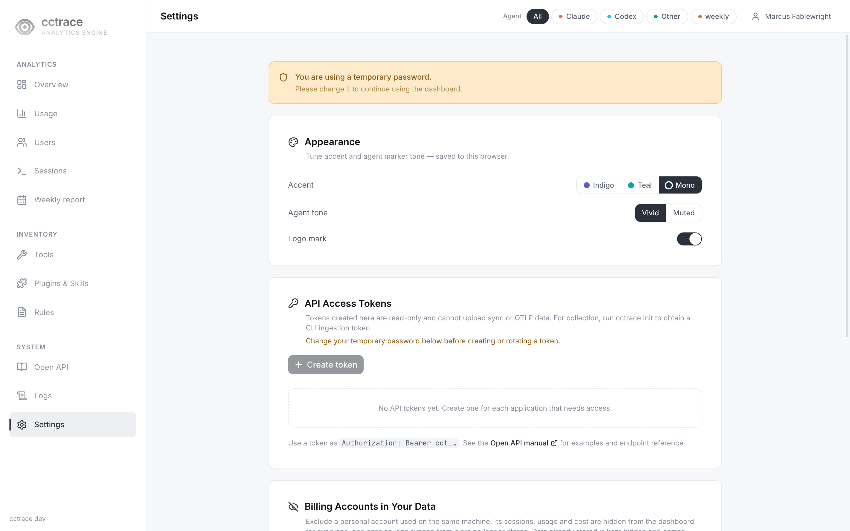 Settings page forcing a password change for a new account with a temporary password