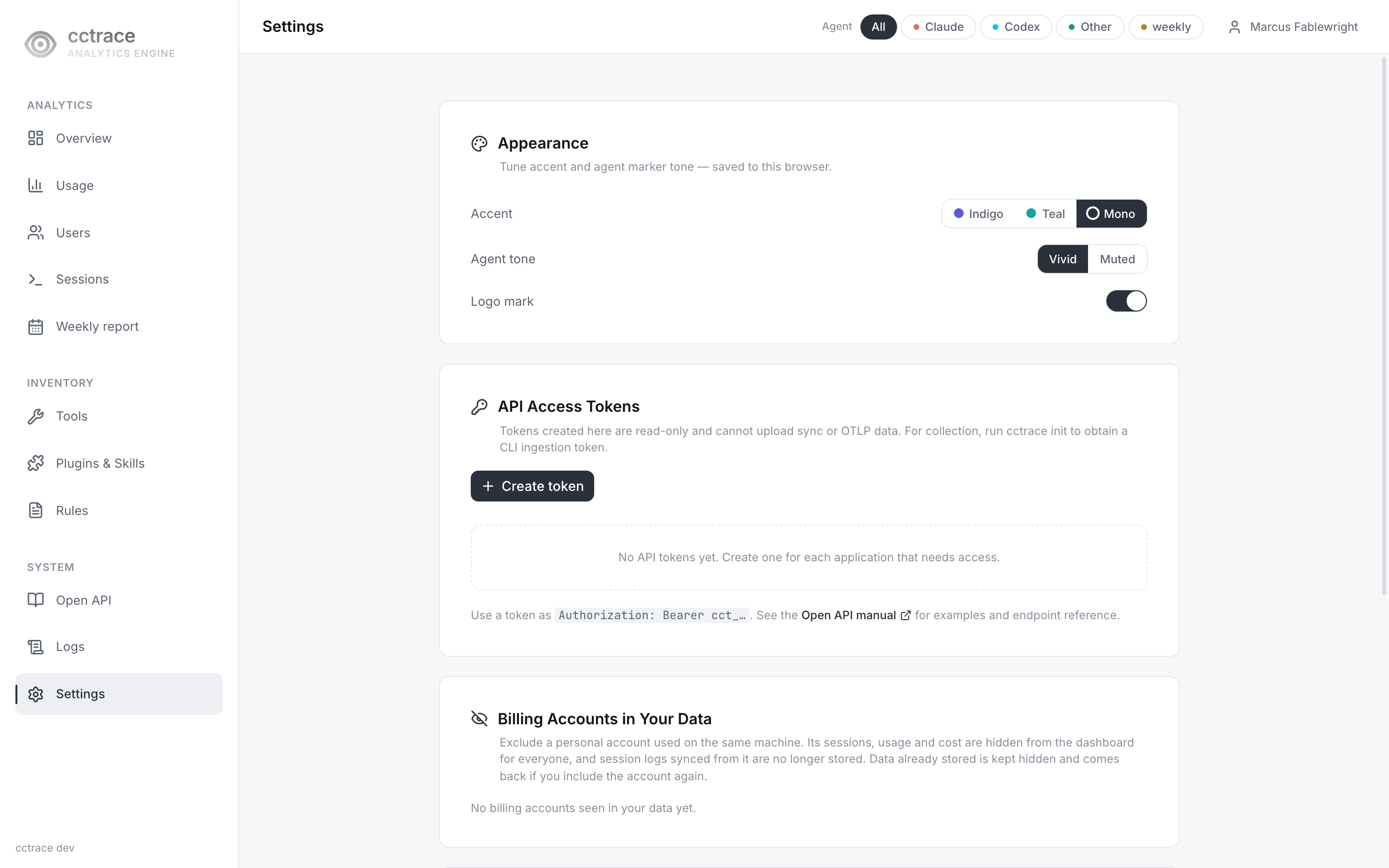 Settings page after the temporary password has been changed