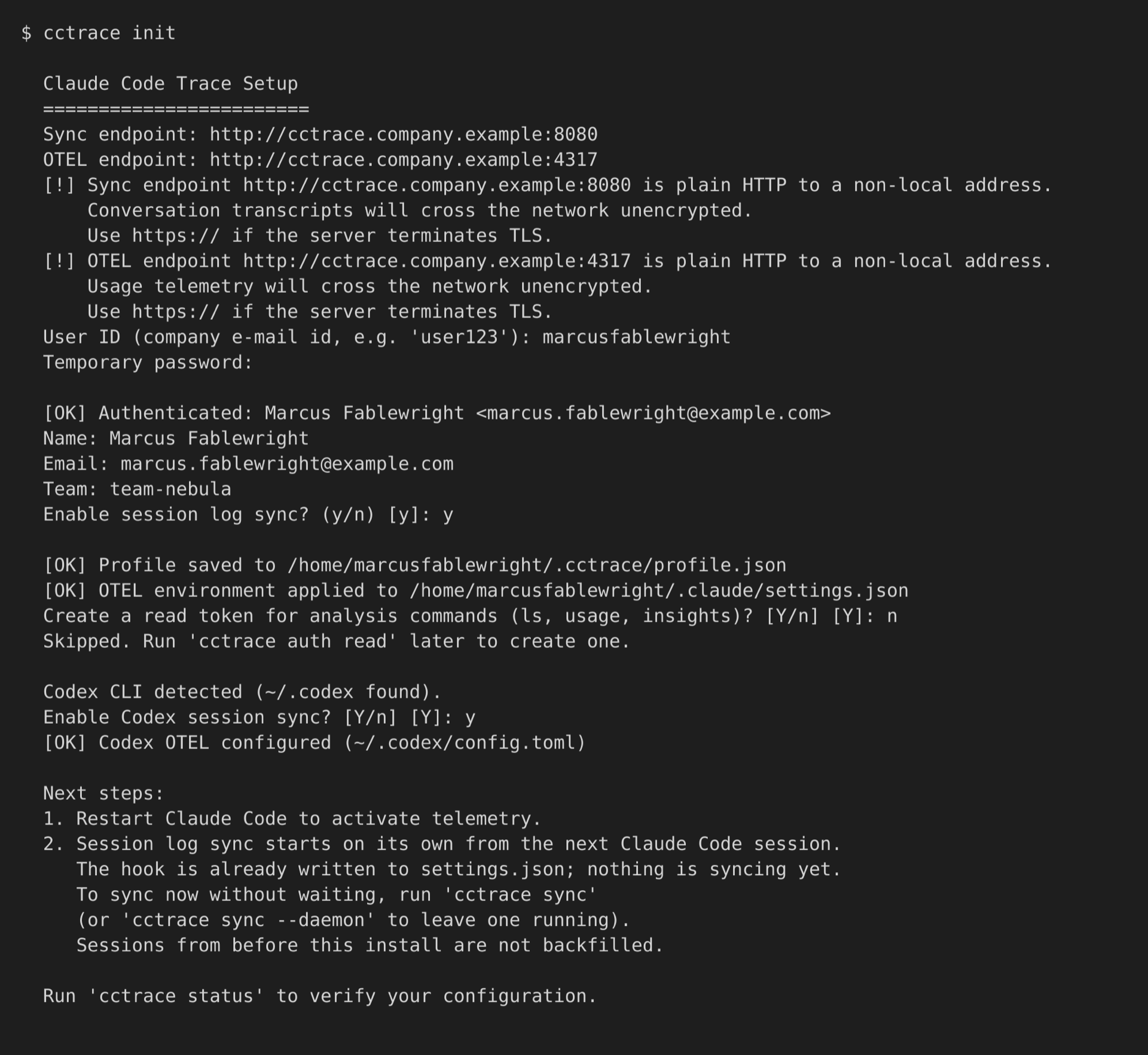 Terminal showing cctrace init prompts and a successful connection, including Codex detection