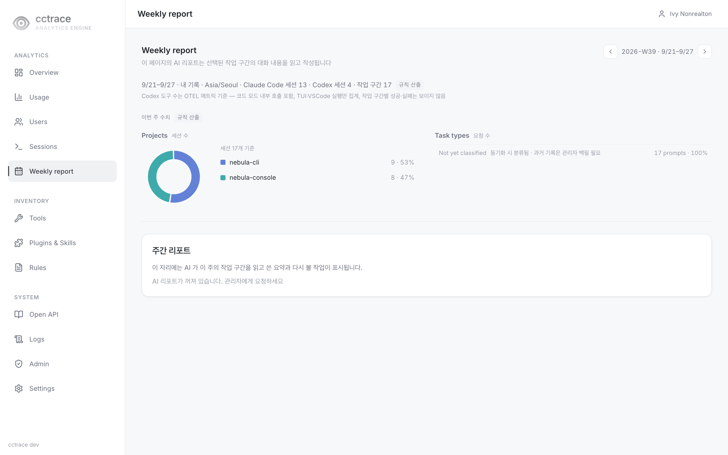 Weekly report: session summary, Projects donut, Task types table, and the AI report placeholder