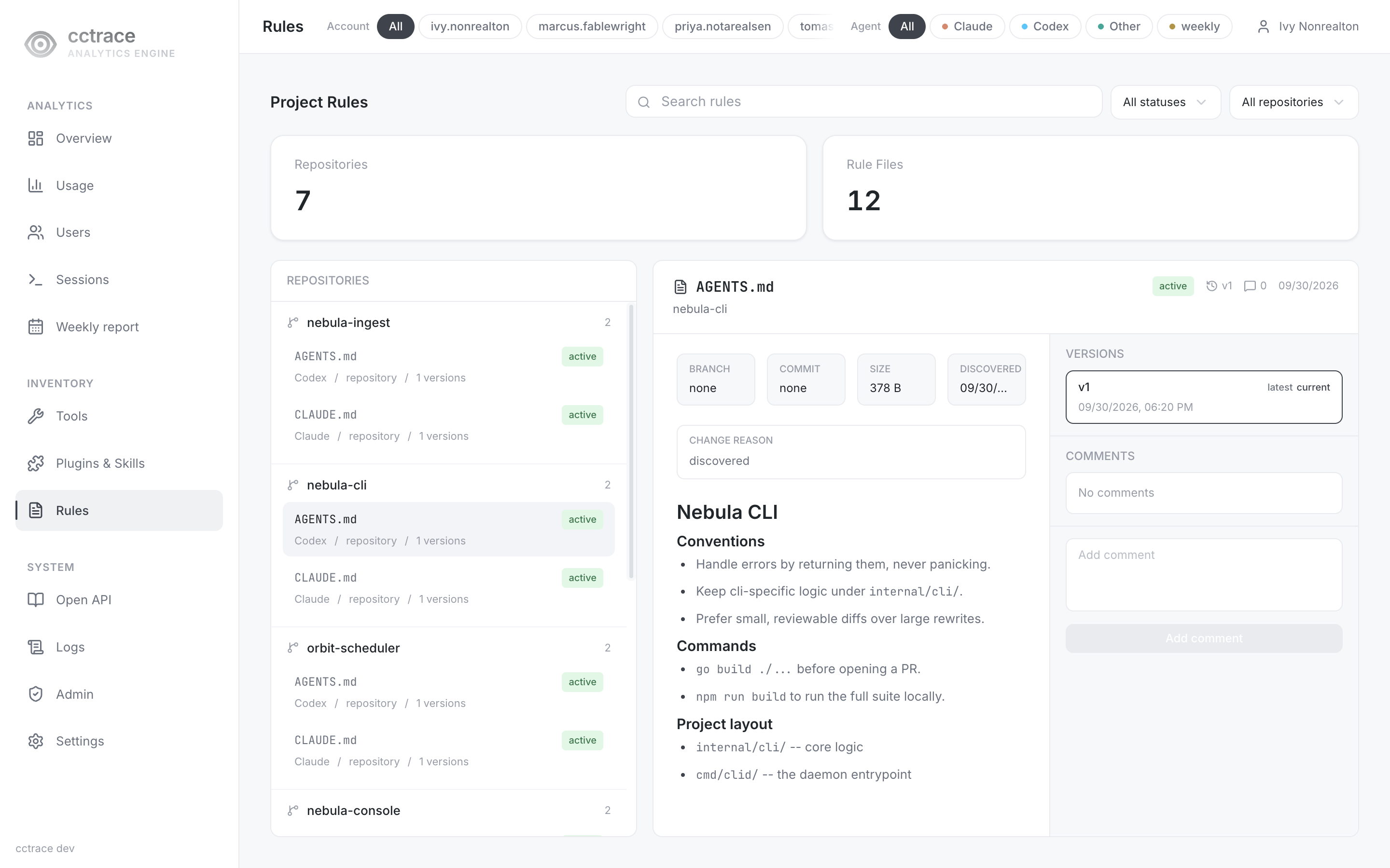 Project Rules page: a repository list on the left and a selected AGENTS.md's rendered content on the right